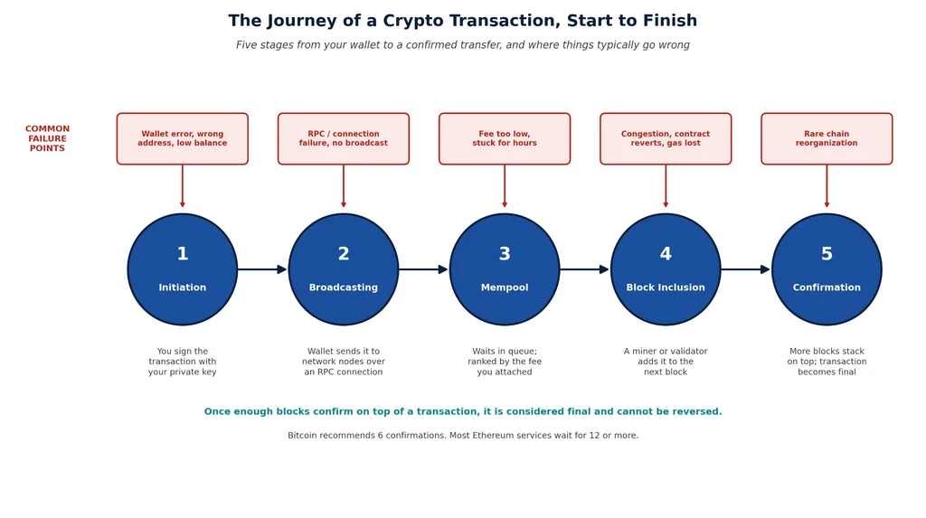 Diagram showing the five stages of a crypto transaction: initiation, broadcasting, mempool, block inclusion, and confirmation, with red callout boxes marking the common failure point at each stage, from wallet errors to rare chain reorganizations.