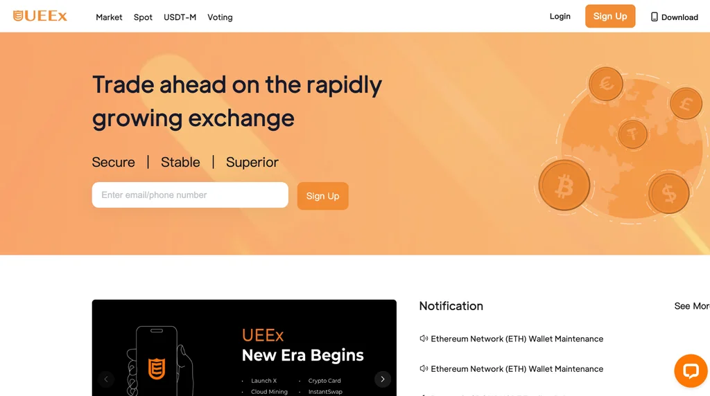 UEEx webpage showing web contents such as the “sign up” action buttons. Crypto coins like Bitcoin and Tether logos together with fiat currency symbols like the euro, dollar, and pounds, and an illustration of a hand holding a mobile phone.
