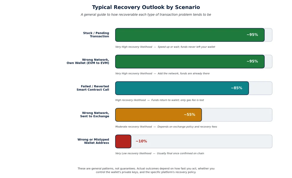 Horizontal bar chart ranking five crypto transaction failure scenarios by typical recovery likelihood, from about 95 percent for stuck transactions and wrong network deposits to your own wallet, down to about 10 percent for funds sent to the wrong address.