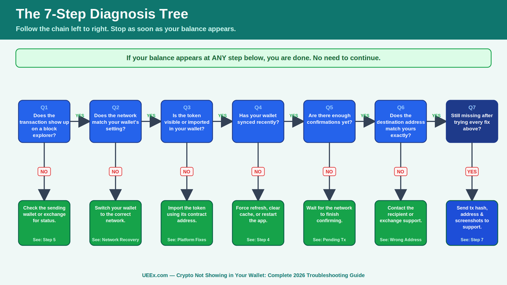 Flowchart titled “The 7-Step Diagnosis Tree” showing seven blue decision boxes in a row, each asking a yes-or-no question about a missing crypto balance, with green arrows pointing to fast fixes below and red “NO” labels guiding readers to the exact section to check next.