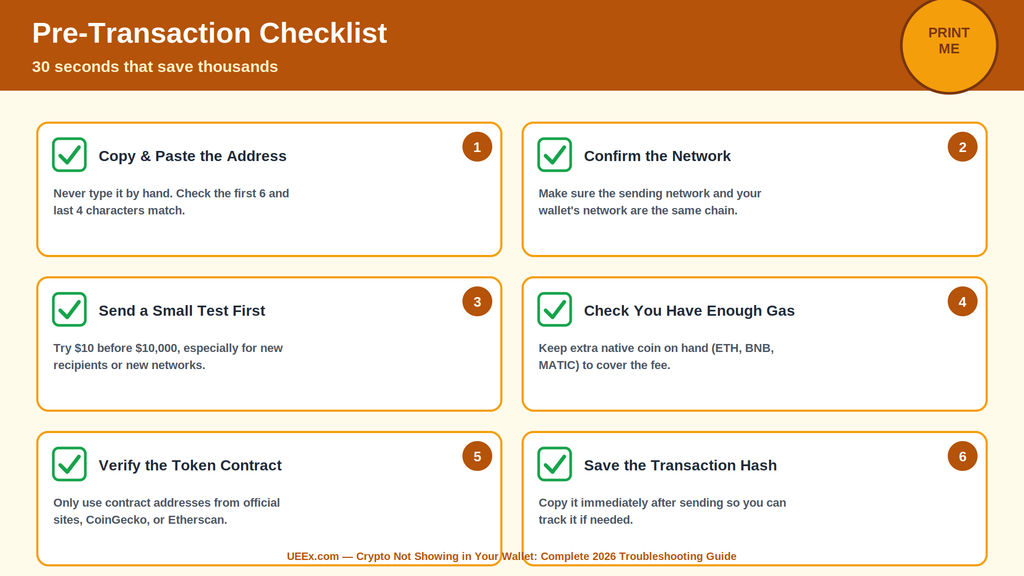 Infographic titled “Pre-Transaction Checklist” with the tagline “30 seconds that save thousands,” showing six numbered white cards in a two-column grid, each with a green checkbox icon, a bold action step like verifying the address or network, and a short explanation.