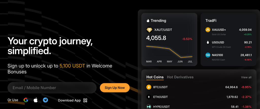 Bybit’s webpage shows multiple panels with "Trending," "TradFi," and “Hot coins." There is a “Sign Up Now" action button, Google, Apple, and Telegram icons, and a “ Your crypto journey simplified” tagline. 

Bybit gives you a self-service option first, with human review as the fallback.
