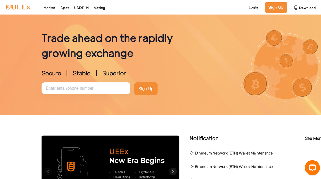 UEEx webpage displays web content, like the “Sign Up” action buttons, fiat and cryptocurrency logos, and the tag line “Trade ahead on the rapidly growing exchange." 