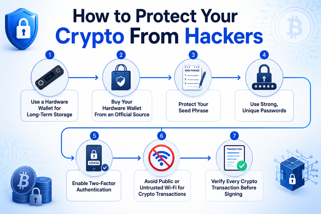 Infographic outlining seven steps to protect crypto, including hardware wallets, unique passwords, and 2FA
