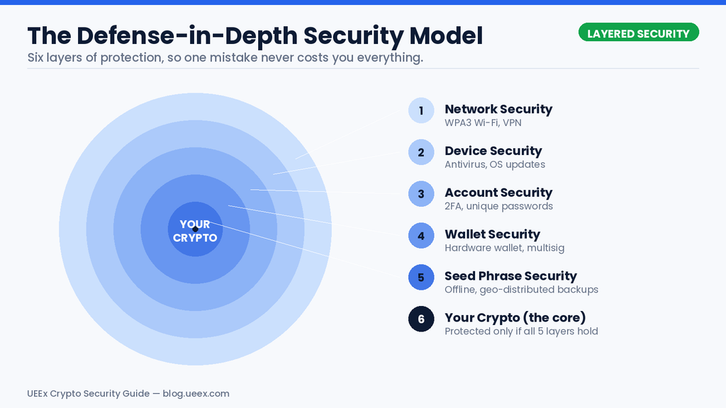 Concentric circle diagram illustrating six layers of crypto security, from outside in: network security, device security, account security, wallet security, seed phrase security, and your crypto at the center, protected only if all outer layers hold.