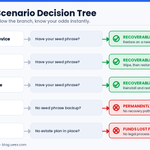 Decision tree infographic showing five crypto recovery scenarios: lost or damaged device, forgotten PIN, and corrupted wallet file are all recoverable if you have your seed phrase; a lost device with no seed phrase backup or an owner's death with no estate plan both result in permanently lost funds.