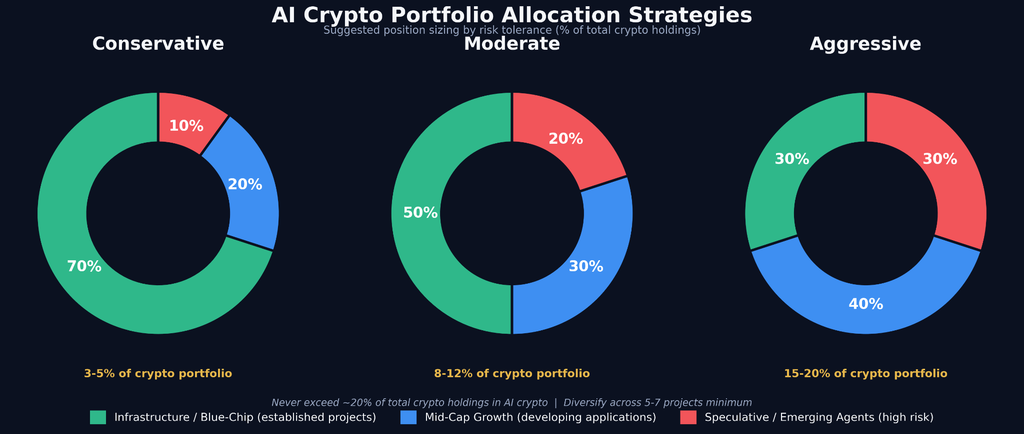 Três gráficos de rosca comparando estratégias de alocação de portfólio de criptomoedas com IA: Conservadora, Moderada e Agressiva. Conservadora (3-5% do portfólio): 70% em infraestrutura e blue chips, 20% em crescimento de média capitalização, 10% em investimentos especulativos. Moderada (8-12% do portfólio): 50% em infraestrutura, 30% em crescimento de média capitalização, 20% em investimentos especulativos. Agressiva (15-20% do portfólio): 30% em infraestrutura, 40% em crescimento de média capitalização, 30% em investimentos especulativos.