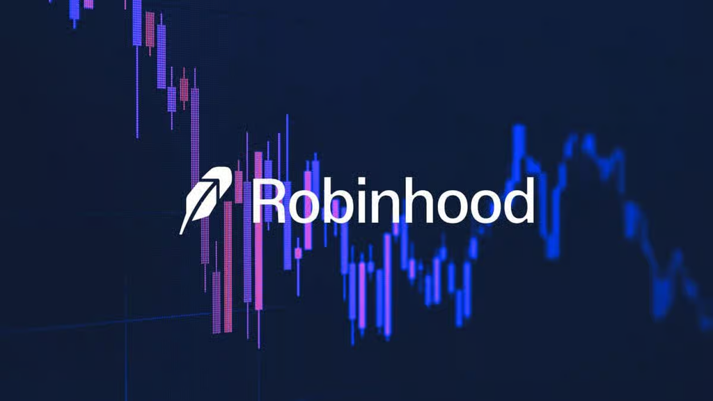 Robinhood logo displayed over a stylized candlestick stock chart background