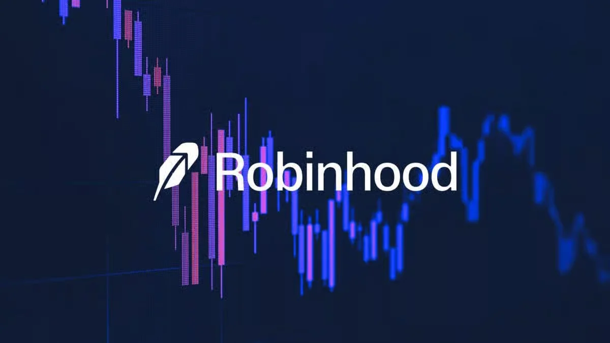 Robinhood logo displayed over a stylized candlestick stock chart background