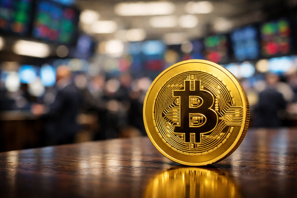 Bitcoin coin on a table