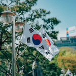 South Korean flags waving on a lamppost 