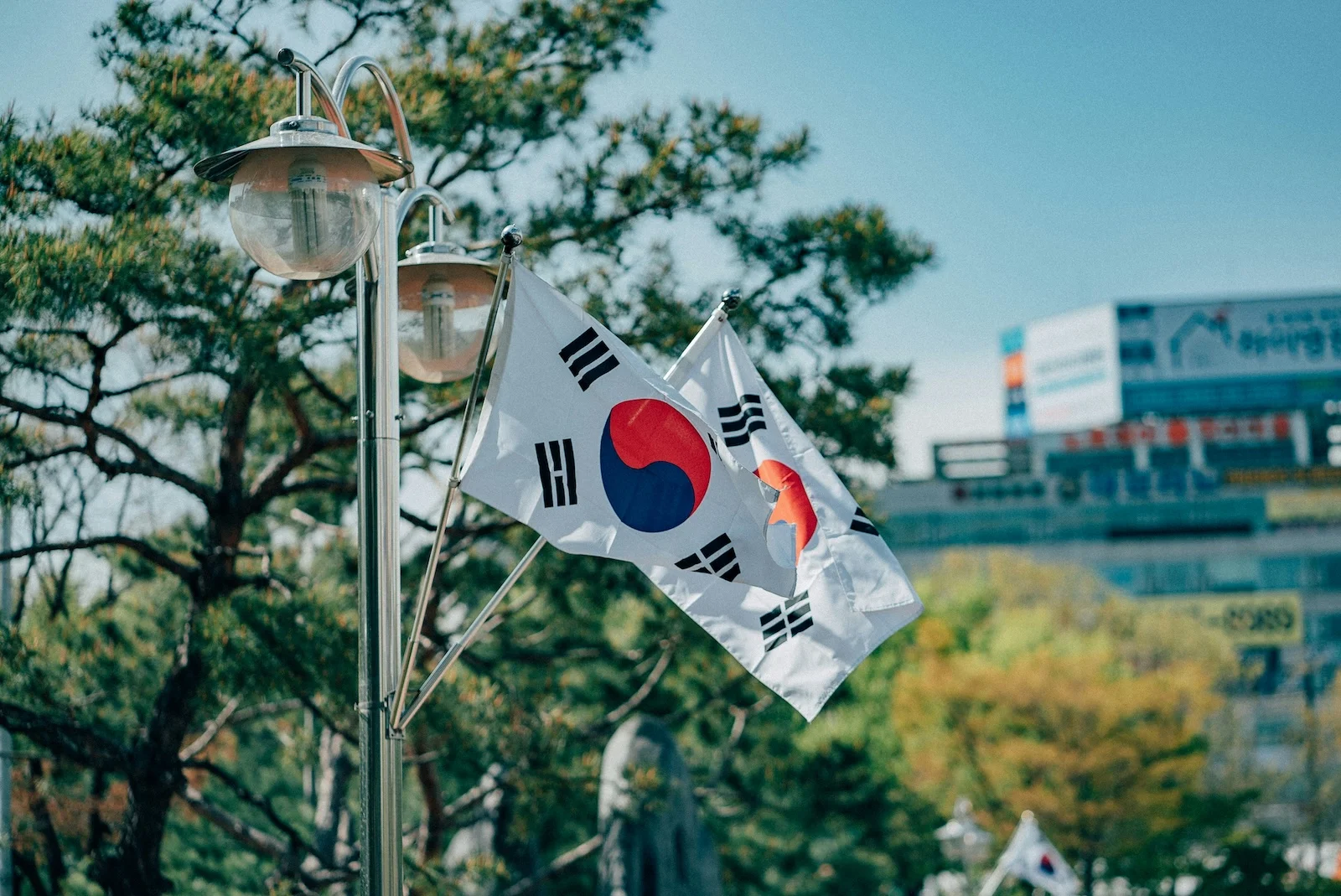 South Korean flags waving on a lamppost 