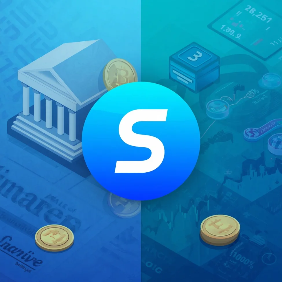 Solana coin logo and in the background are traditional institutions’ illustration