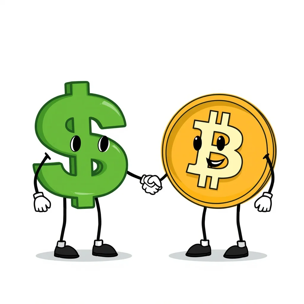 Two huge characters, one representing stocks and the other crypto, holding hands together