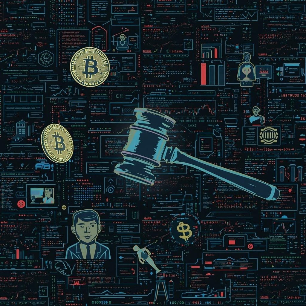 The law icon as well as other icons representing bitcoin and stocks