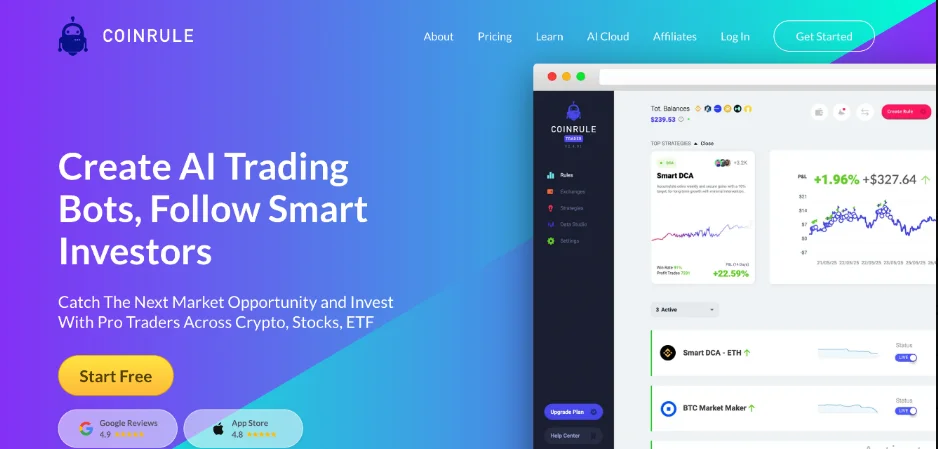 Coinrule webpage displays the tagline “Create AI Trading Bots, Follow Smart Investors,” with “Start Free” and “Get Started” action buttons. There is a mockup illustration of the Coinrule trading page.