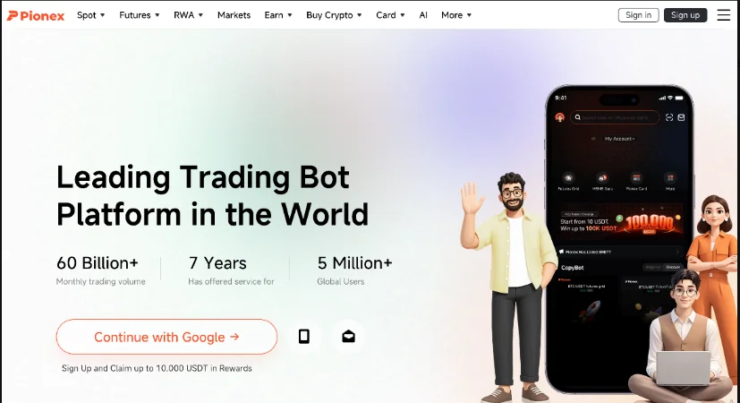 Pionex webpage displays illustrated mobile phone and two men and a woman. There are action buttons such as “Sign up” and “Sign in,” with the tagline “Leading Trading Bot Platform in the World.”