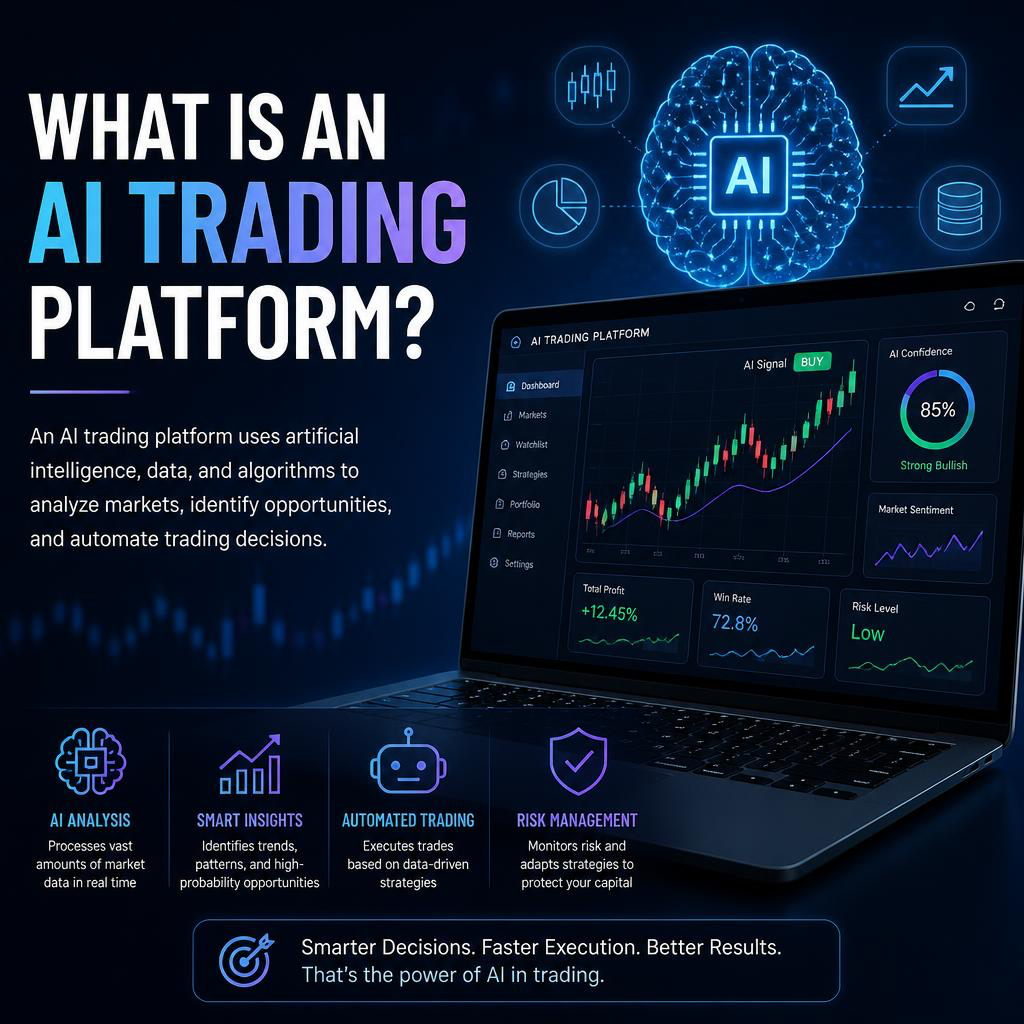 A picture showing a laptop with a fictitious price chart showing on an AI trading platform