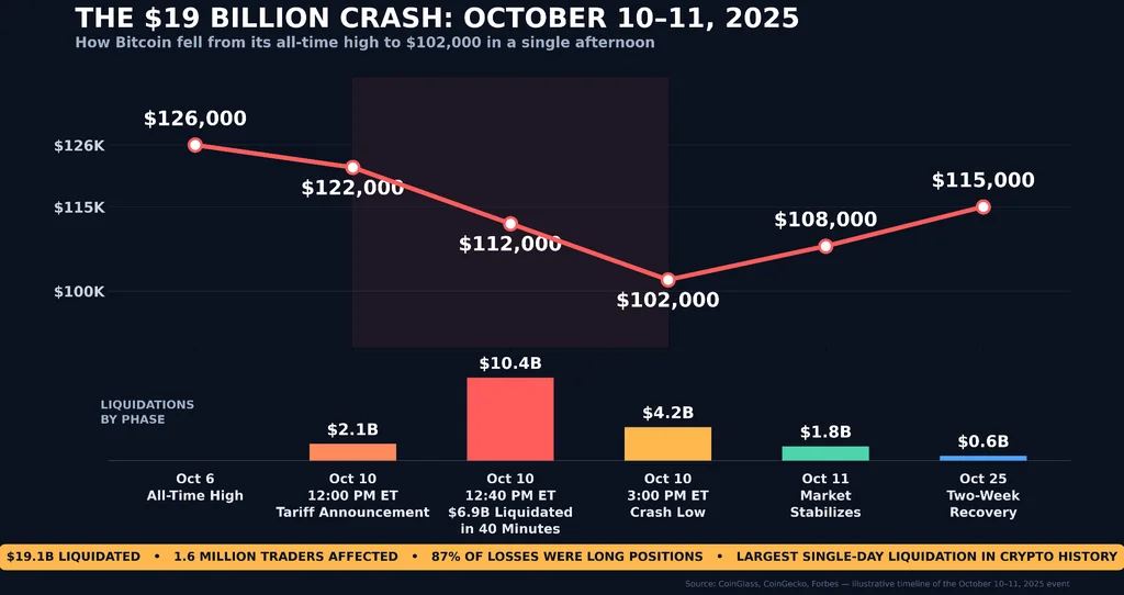 bitcoin trading strategies; Chart displays the October 2025 Bitcoin crash, titled “The $19 Billion Crash." The chart shows Bitcoin falling from its all-time high of $126,000 to $102,000 in two days before picking up and settling at $115,000 after two weeks.