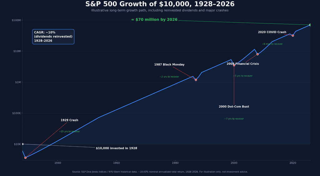 illustrative line chart on a log scale showing $10,000 invested in the S&P 500 in 1928 growing to roughly $70 million by 2026, with a labeled 10% CAGR. Red dots mark the 1929, 1987, 2000, 2008, and 2020 crashes, each with its recovery time noted.