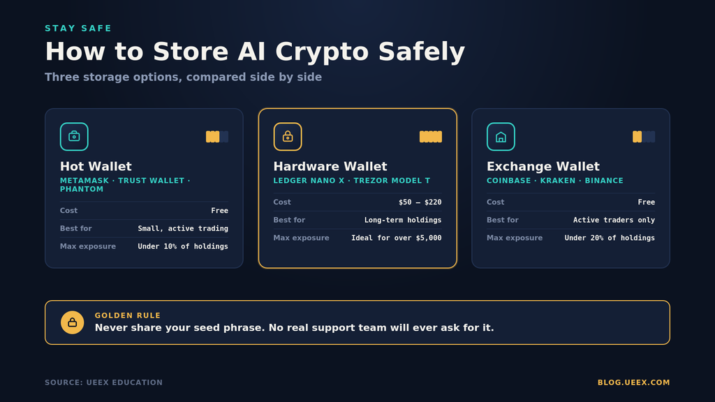 Infographic titled “How to Store AI Crypto Safely” compares three wallet types side by side: hot wallet, hardware wallet, and exchange wallet, each showing cost, best use case, and safe exposure limit, plus a highlighted golden rule never to share your seed phrase.
