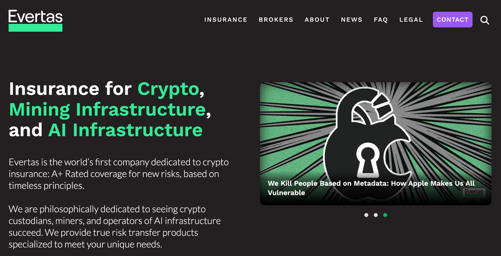 Evertas webpage displays web content and the tagline “Insurance for Crypto, Mining Infrastructure, and AI Infrastructure."