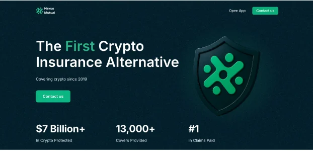 Nexus Mutual webpage displays the tagline “The First Crypto Insurance Alternative” with an illustrated shield design and “Contact Us” action buttons.