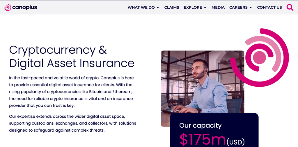 Canopius webpage displays the tagline “Cryptocurrency Digital Asset Insurance” with other web content, such as an image of a man typing in a sky blue shirt.