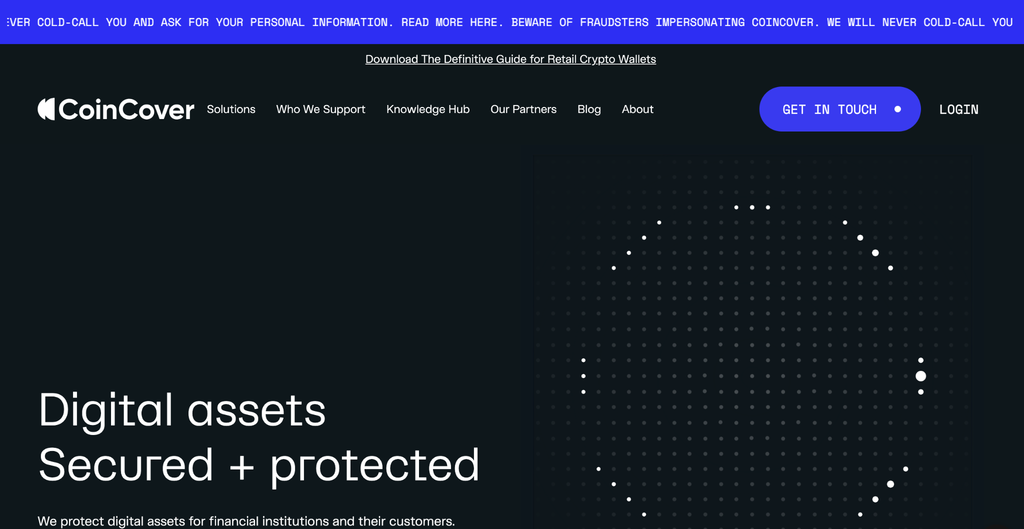 Coincover webpage displays web content, such as the “Get in Touch” action button, “Login,” and the tagline “Digital assets secured + protected."