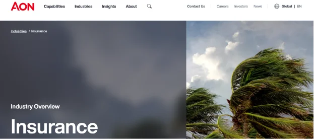 Aon webpage displays web content with the picture of two palm trees and action buttons
