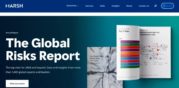 Marsh webpage displays action buttons and the tagline “The Global Risks Report” with the reports