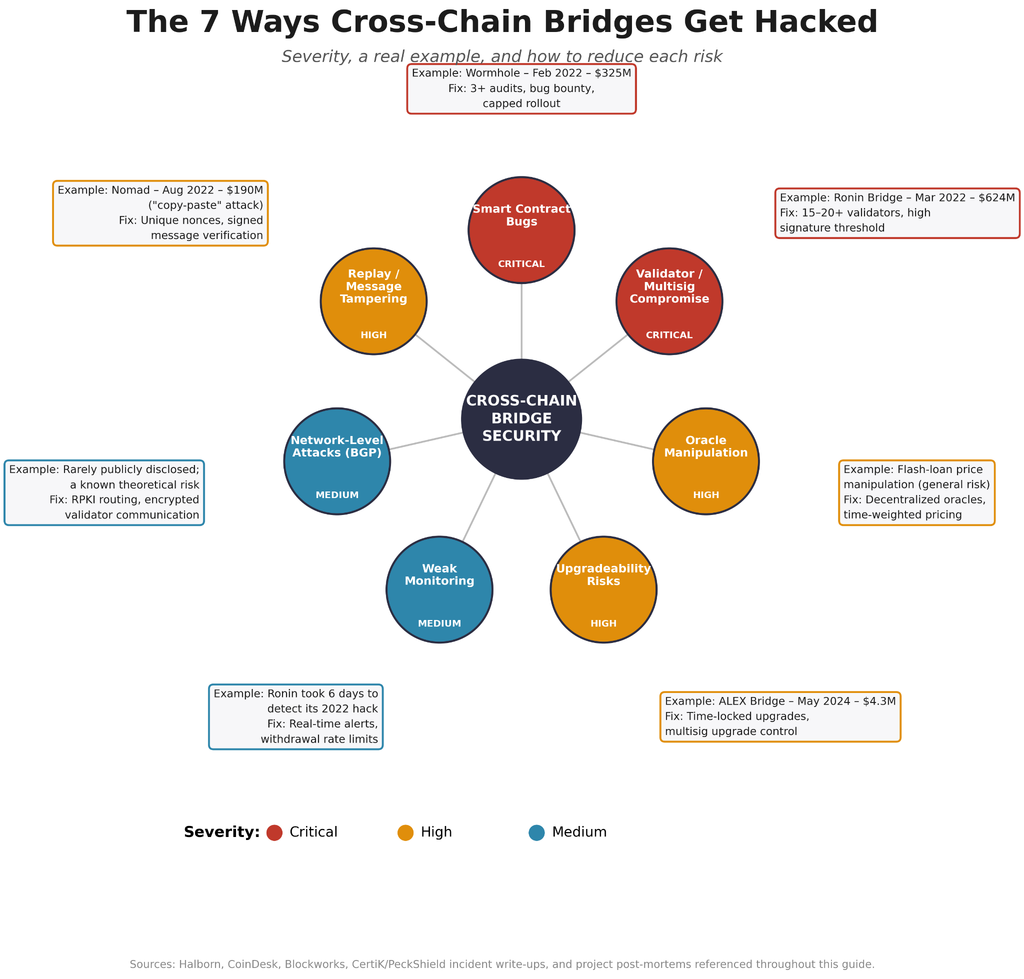 Infographics illustrating seven common cross-chain bridge vulnerabilities, their severity, real-world exploits like Wormhole, Ronin, Nomad, and ALEX Bridge, and recommended prevention strategies to improve bridge security and reduce attack risks.