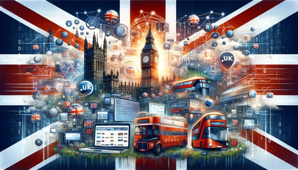 Digital illustration of London with Big Ben, red double-decker buses, laptops, and technology icons against a Union Jack background, representing the UK’s digital economy.