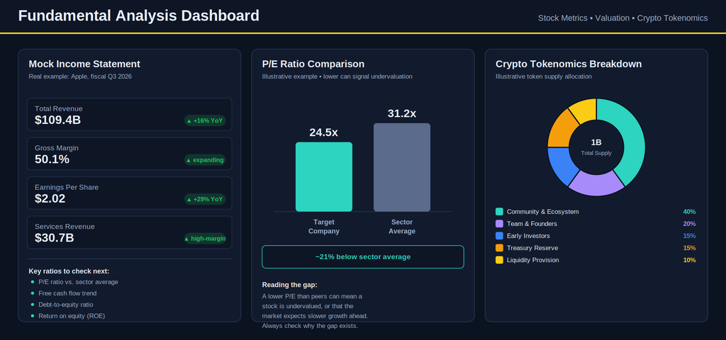  Three-panel dashboard showing a mock income statement with Apple’s fiscal Q3 2026 revenue, gross margin, EPS, and services revenue; a bar chart comparing a company’s P/E ratio against its sector average; and a donut chart breaking down a crypto token’s supply allocation across community, team, investors, treasury, and liquidity.