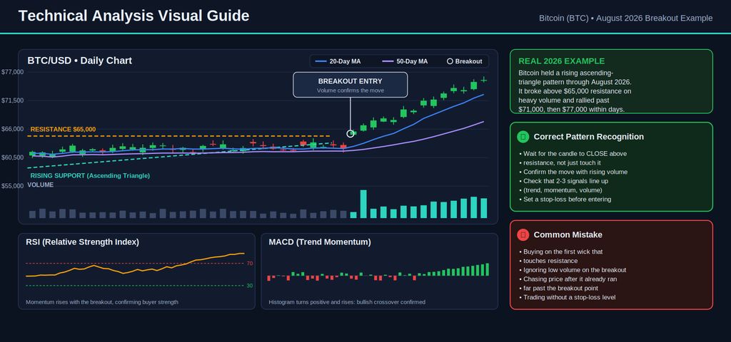 Technical Analysis vs Fundamental Analysis; Annotated candlestick chart of Bitcoin's August 2026 breakout, showing an ascending triangle with rising support and flat resistance at $65,000, plus 20-day and 50-day moving averages, volume bars, RSI, and MACD panels. Side boxes compare correct pattern recognition against common breakout-trading mistakes.