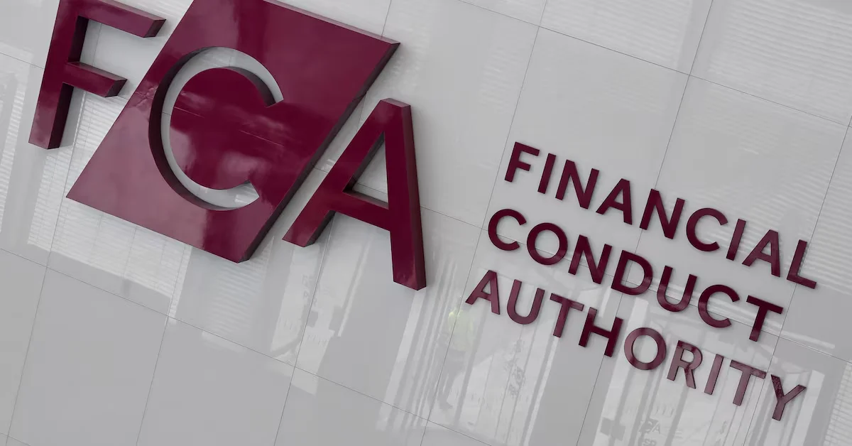 Financial Conduct Authority (FCA) logo and name displayed on an office wall.