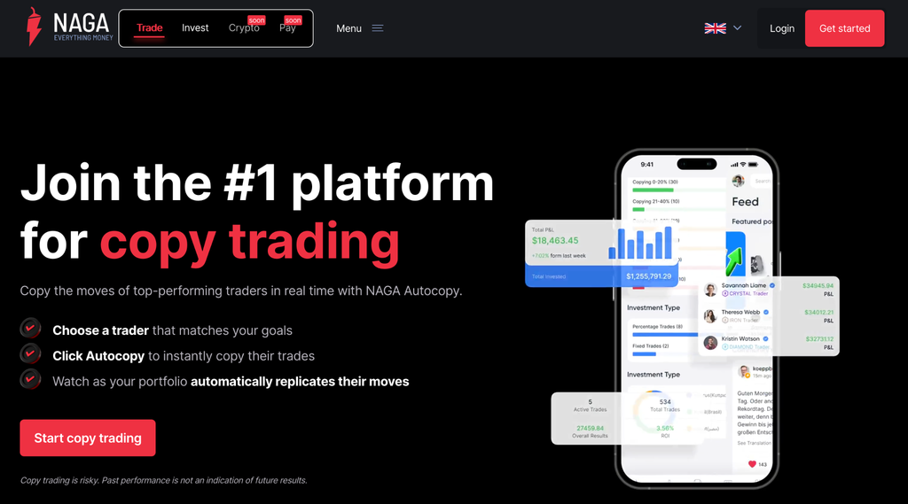 L'image présente la page web de NAGA Copy Trading, affichant le contenu web et les boutons d'action.