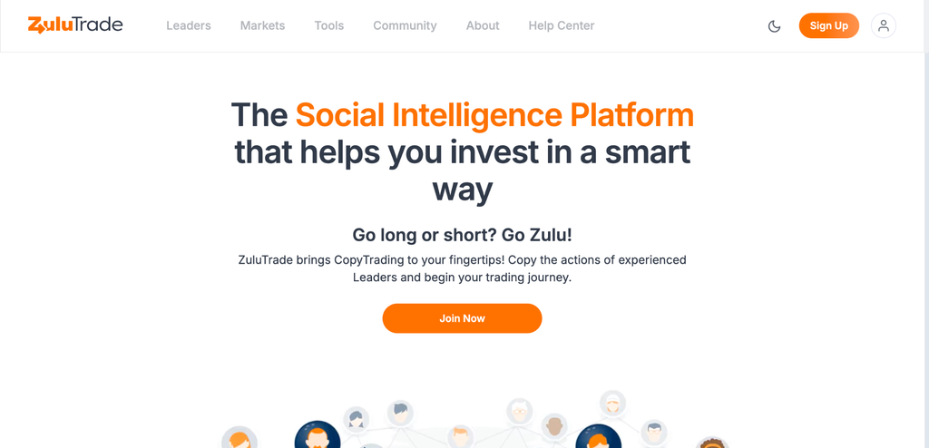 L'image présente la page web de copy trading de ZuluTrade, affichant le contenu web et les boutons d'action.