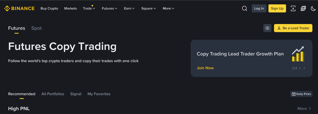 L'image montre la page web de Binance dédiée au copy trading, affichant des contenus tels que Future Copy Trading et des boutons d'action.&nbsp;