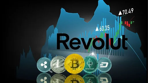 Revolut logo over a cryptocurrency market chart with Bitcoin, Ethereum, XRP, Litecoin and Dash coins in the foreground.