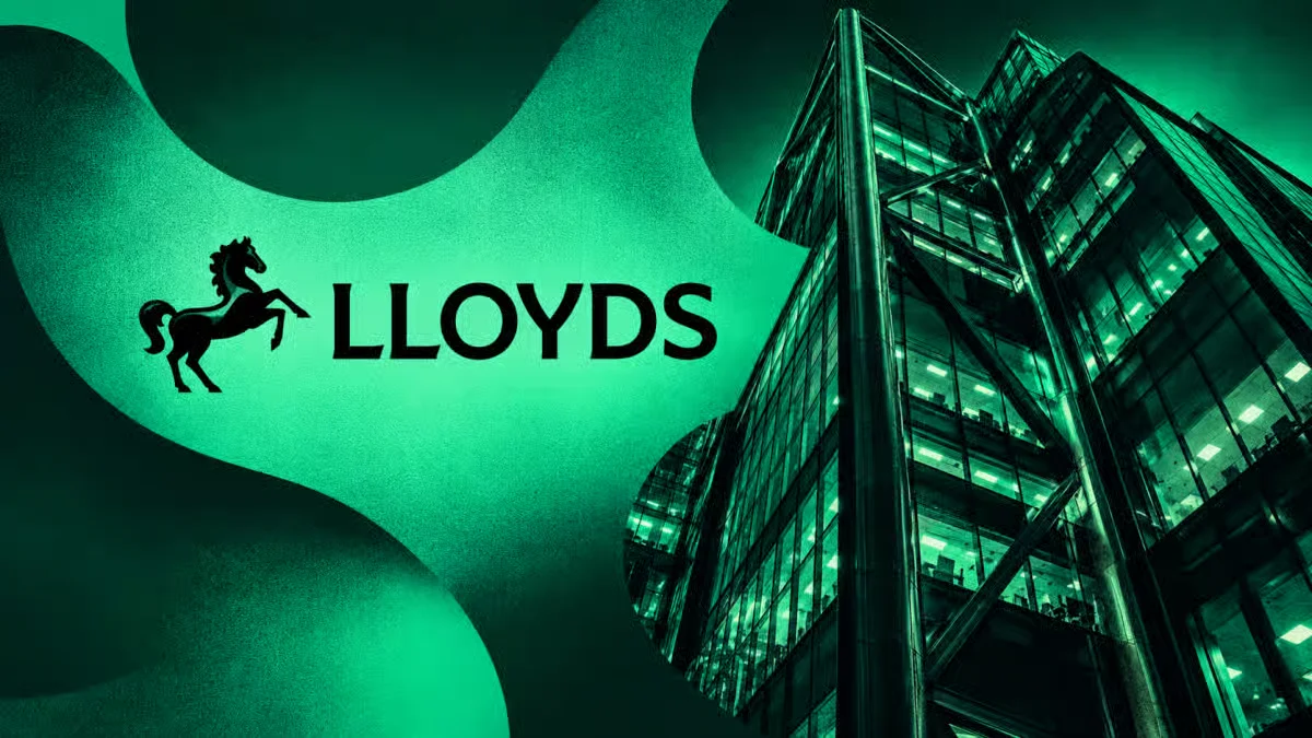 Lloyds logo next to a green-tinted photo of a glass office building.