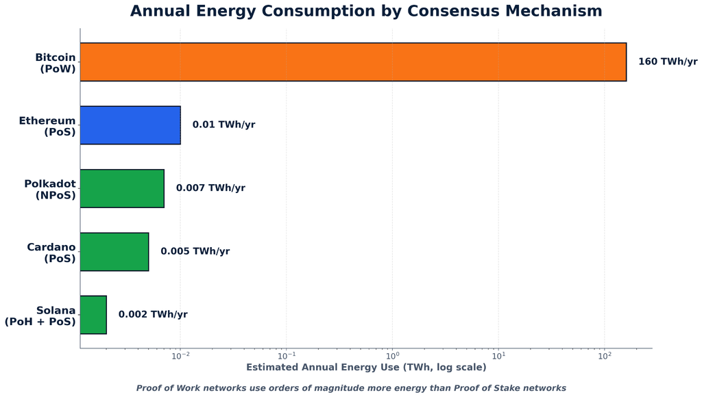 A horizontal bar chart comparing annual energy use in terawatt hours across five blockchains, showing Bitcoin's Proof of Work consuming about 160 TWh per year, while Ethereum, Polkadot, Cardano, and Solana's Proof of Stake networks use a fraction of a terawatt hour.