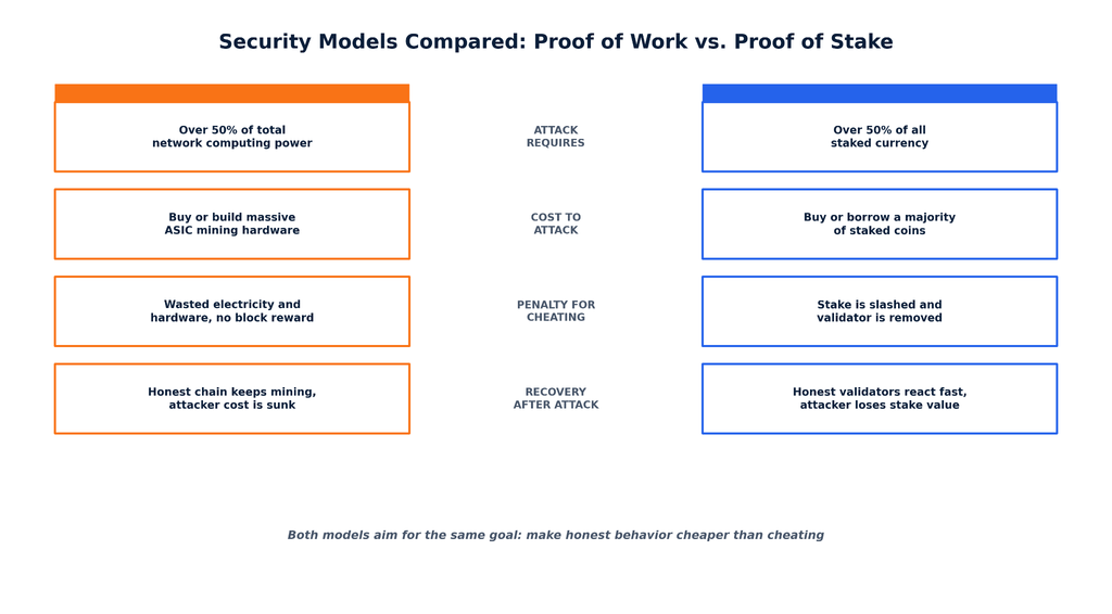 A side by side comparison chart of Proof of Work versus Proof of Stake security models, covering what an attack requires, its cost, the penalty for cheating, and how each network recovers, showing both aim to make honest behavior cheaper than attacking.