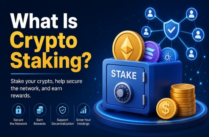 Image showing the text “what is crypto staking” and four pros of staking crypto