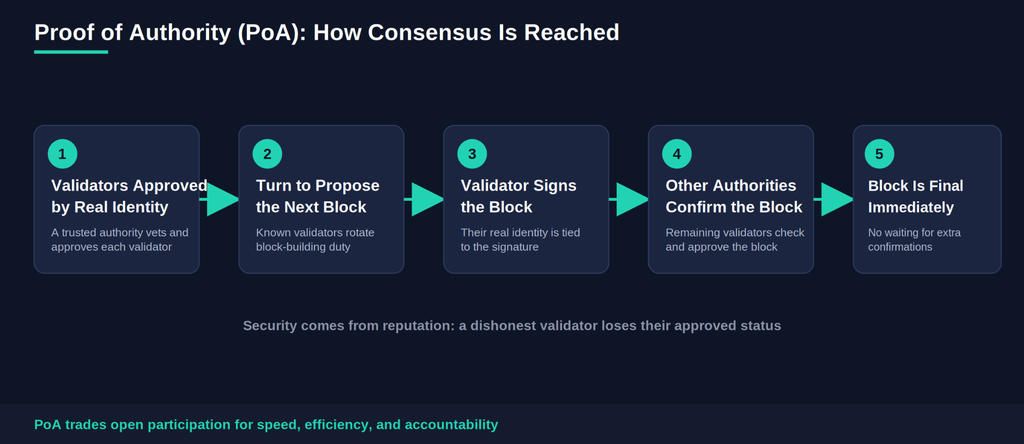 Horizontal flow diagram showing Proof of Authority consensus: validators get approved by real identity, take turns proposing blocks, sign each block with their identity, other authorities confirm it, and the block finalizes immediately with no extra confirmations.