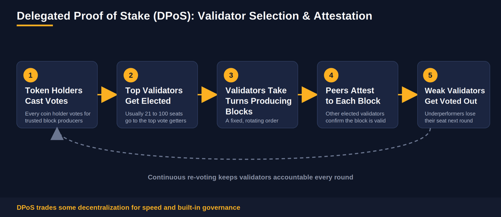 Horizontal flow diagram showing Delegated Proof of Stake consensus: token holders cast votes, top validators get elected, validators take turns producing blocks, peers attest to each block, and weak validators get voted out in a continuous cycle.