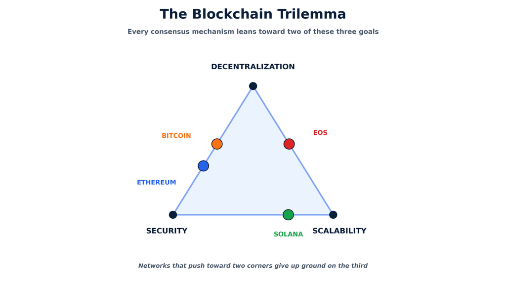  A triangle diagram showing the blockchain trilemma with three corners labeled decentralization, security, and scalability. Bitcoin, Ethereum, Solana, and EOS are plotted along the edges to show which two goals each network prioritizes and which one it trades off.