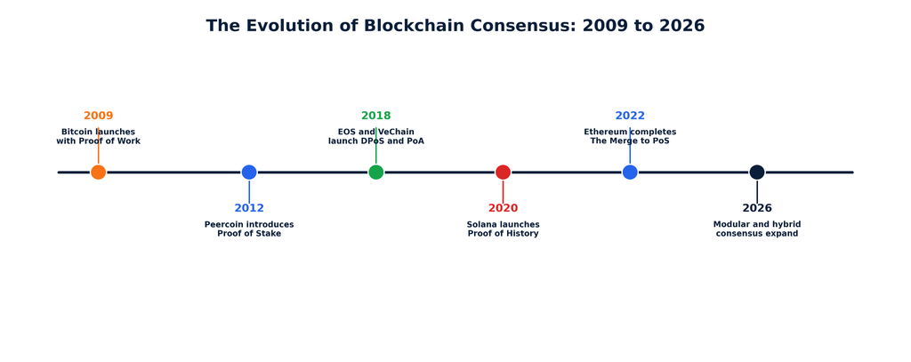 A horizontal timeline of blockchain consensus history from 2009 to 2026, marking Bitcoin’s Proof of Work launch, Peercoin’s Proof of Stake debut, EOS and VeChain’s DPoS and PoA launches, Solana’s Proof of History, Ethereum’s Merge, and today’s modular designs.