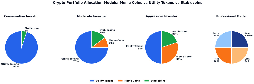 Four horizontal pie charts comparing crypto portfolio allocations by investor type. Conservative: 95% utility tokens, 5% stablecoins. Moderate: 75% utility, 10% meme coins, 15% stablecoins. Aggressive: 50% utility, 30% meme, 20% stablecoins. Professional Trader: dynamic allocation shifting across early bull, mid-bull, late bull, and bear market cycles.