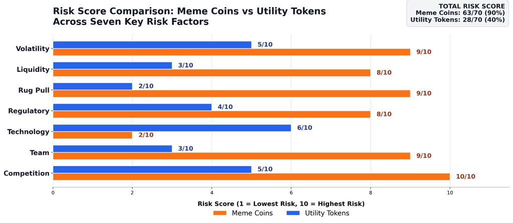 Horizontal bar chart comparing meme coin and utility token risk across seven factors: volatility, liquidity, rug pull, regulatory, technology, team, and competition, each scored 1 to 10. Meme coins total 63 of 70 points (90% risk); utility tokens total 28 of 70 points (40% risk)